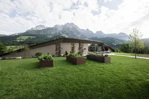 A modern residential exterior with greenery in planters and mountains in the background.