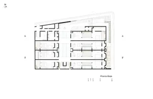 2D technical drawing of a modern residential floor layout with concrete, glass, and steel materials.