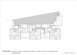 A modern residential floor plan featuring a combination of concrete and wood materials.