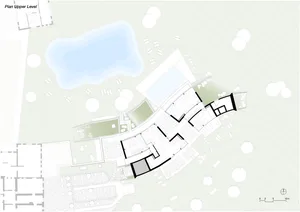 Modern residential architectural plan featuring concrete, glass, and steel materials.