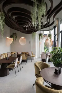 Contemporary restaurant interior featuring a wooden ceiling with circular design elements, hanging plants, and a mix of seati