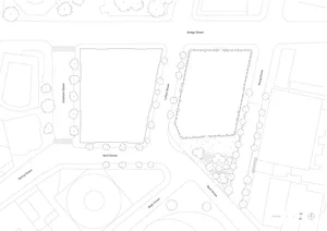 A detailed paper plan depicting an urban layout with streets, parks, and buildings.