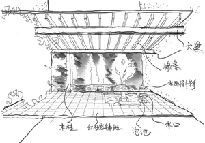 An architectural drawing of an interior space featuring wooden elements.