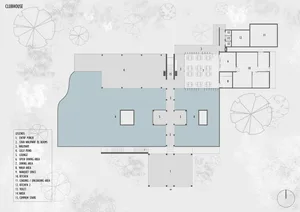 Grey-scale architectural drawing of a clubhouse's floor layout, showing rooms, dining areas, and other functional zones with
