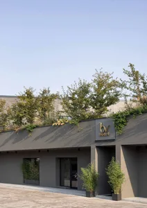 現代飯店外觀，搭配混凝土牆面與綠色屋頂。