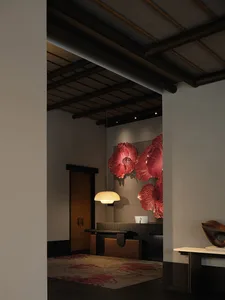Modern lobby with floral design elements.