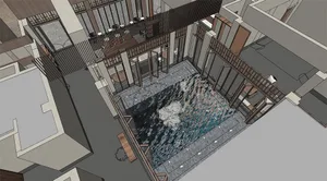 3D rendering of a spa interior featuring wood and glass materials.