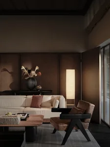 A modern, industrial-style living room with wooden elements.