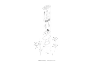 An exploded isometric rendering of a public space, showing various layers and materials in a detailed and abstract manner.