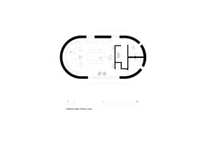 Minimalist floor plan of a collective cabin showing seating, dining, and kitchen areas.