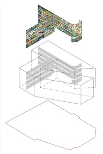Modern architectural rendering with colorful patterns on the exterior facade and a technical drawing of the building's struct