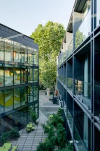 Outdoor courtyard with modern glass buildings and greenery.