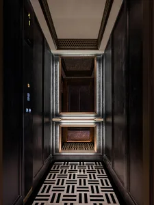 Modern elevator interior with black and white flooring, metallic accents, and geometric design.