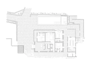 Floor plan of a modern house featuring a concrete exterior and interior.