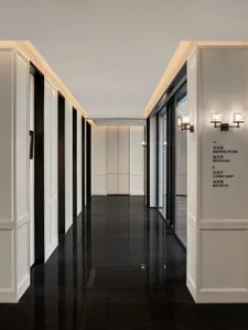 Modern interior design featuring a black marble floor and white paneling with black-framed windows.