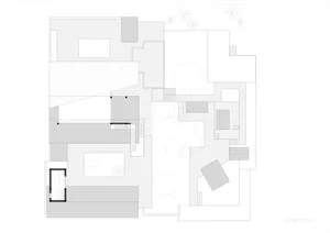 A technical drawing of a residential floor plan featuring modern design elements such as glass walls, exposed steel beams, an