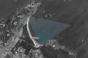 Satellite image displaying a coastal area with labeled landmarks.