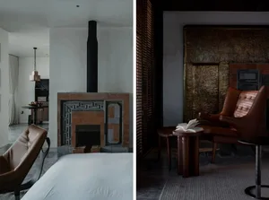 Modern minimalist bedroom featuring brick fireplace and minimalist furniture.