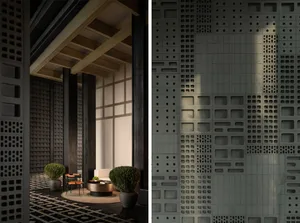 An interior design featuring a modern space with concrete walls and a geometric pattern on the floor, showcasing contemporary