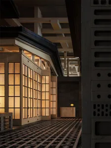 A modern interior with large glass windows