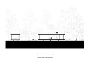 Monochrome architectural rendering of a modern interior space, depicting functional zones and spatial composition.