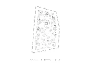 Layout of a site with various elements such as trees, shrubs, and circular structures.