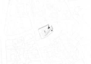 Black and white architectural drawing on paper of an urban space