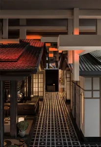 An elegant minimalist hotel with ceramic flooring and terrazzo accents.