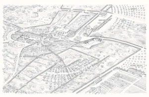 A detailed architectural map of a residential village with labeled structures, gardens, and agricultural areas.