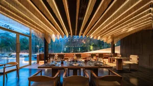 Modern restaurant interior featuring metallic lighting chains and a contemporary design.