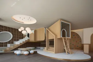 Modern minimalist design featuring a playroom with climbing wall, bookshelves, and carpeted flooring.