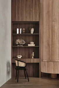 Minimalist home office with wooden furniture and shelves.