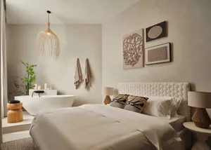 Modern bedroom with a minimalist design featuring neutral tones and woven textures, showcasing a comfortable and relaxing atm