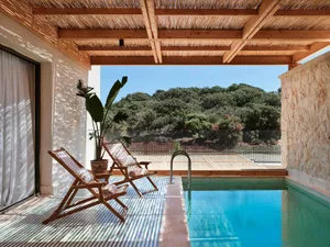 Modern residential swimming pool terrace featuring tiles, straw roofing, and wood accents.