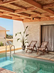 A private living space featuring a swimming pool, wooden deck chairs, and a potted palm plant under a wooden pergola.