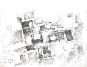 Grayscale architectural drawing with abstract shapes and lines