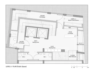 Floor plan of a public space on level zero, showing seating areas, fire escapes, restrooms, and a main staircase.
