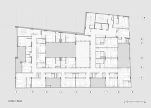 Blueprint of a modern apartment layout with concrete, metal, and glass materials.