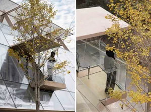 A modern exterior view featuring glass structures.
