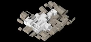 3D architectural rendering of a modern residential home with concrete and glass materials in the living room area.