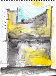 Watercolor sketch of an interior design concept on a piece of watercolor paper.
