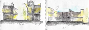 Cross-sectional watercolor drawing of an architectural interior design.