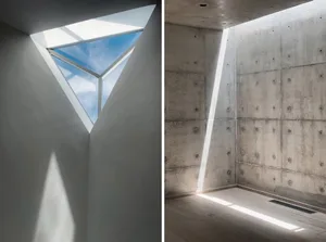 A minimalist interior with concrete walls and ceiling, featuring a skylight and natural light.