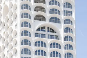 Modern office building with white stucco facade