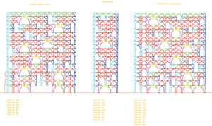 A detailed architectural facade drawing featuring colorful ceramic tiles arranged in a repeating pattern.