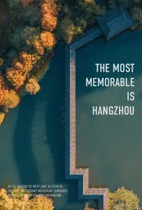 Aerial view of a water pavilion in Hangzhou surrounded by autumn leaves.