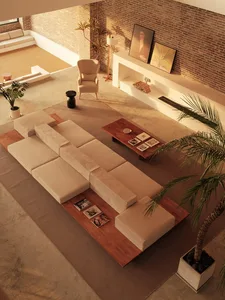 Modern, minimalist living room with concrete floor and furniture, featuring a sectional sofa, coffee table, and decorative pl