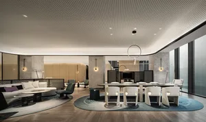 A modern office space featuring wood, glass, and metal materials.