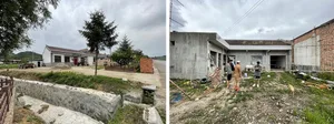 Concrete building exterior with people walking in front of it.
