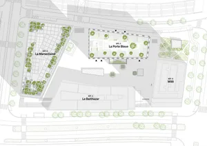 A detailed architectural blueprint of a modern parking garage with concrete, steel, and glass construction materials.